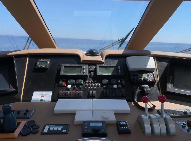  Yacht Photos Pics Control panel of a 2004 Hatteras 70 Enclosed Bridge yacht with ocean view.