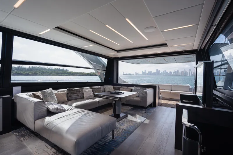 Alexandra Yacht Photos Pics Luxurious interior of 2020 Pershing 8X yacht with panoramic ocean view.