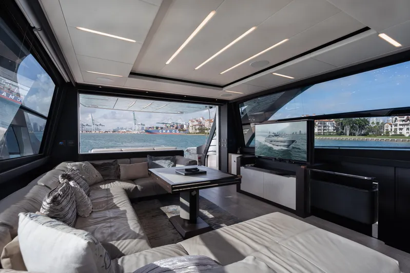 Alexandra Yacht Photos Pics Luxurious interior of 2020 Pershing 8X yacht with panoramic ocean views.