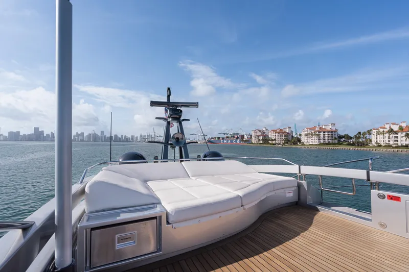 Alexandra Yacht Photos Pics Luxury Pershing 8X yacht deck with city skyline view, 2020 model.
