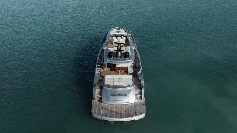 Alexandra Yacht Photos Pics Luxury Pershing 8X yacht from 2020 on open water, aerial rear view.