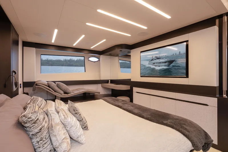 Alexandra Yacht Photos Pics Luxurious interior of 2020 Pershing 8X yacht with modern design and large windows.