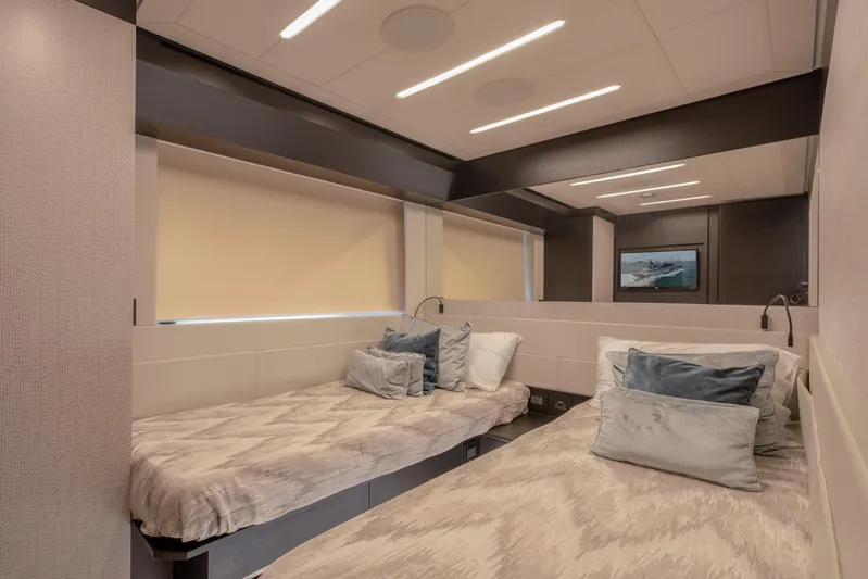 Alexandra Yacht Photos Pics Interior of 2020 Pershing 8X yacht with twin beds and modern decor.