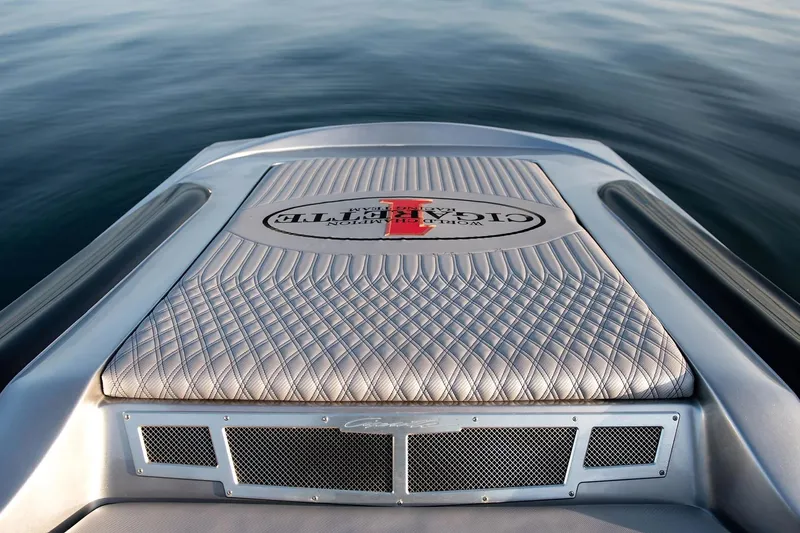  Yacht Photos Pics 2016 Cigarette 50' Marauder boat deck with quilted design on calm water.