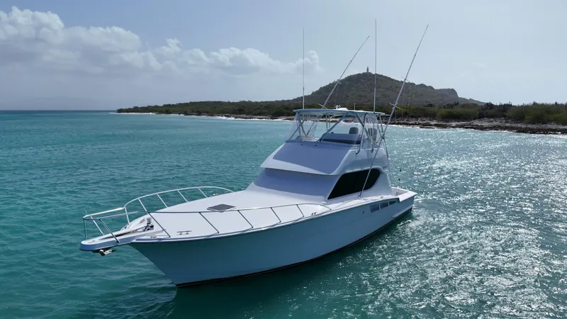  Yacht Photos Pics 2005 Hatteras 50 Convertible yacht cruising in turquoise waters near a scenic coastline.