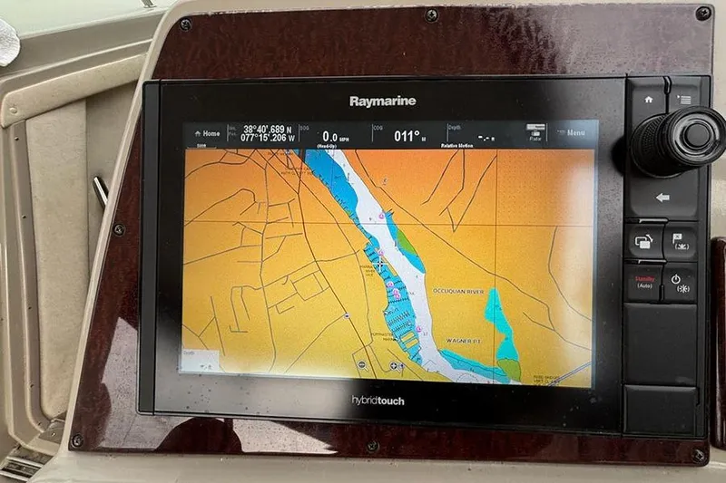  Yacht Photos Pics Raymarine navigation display on 2011 Sea Ray 370 Sundancer, showing a detailed marine map.