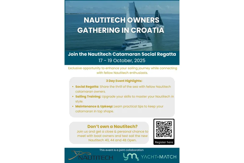 Nautitech 48 Open - Available For 2026 Delivery! Yacht Photos Pics Nautitech Owners Gathering in Croatia flyer featuring Nautitech 48 Open catamaran, 2026 model.