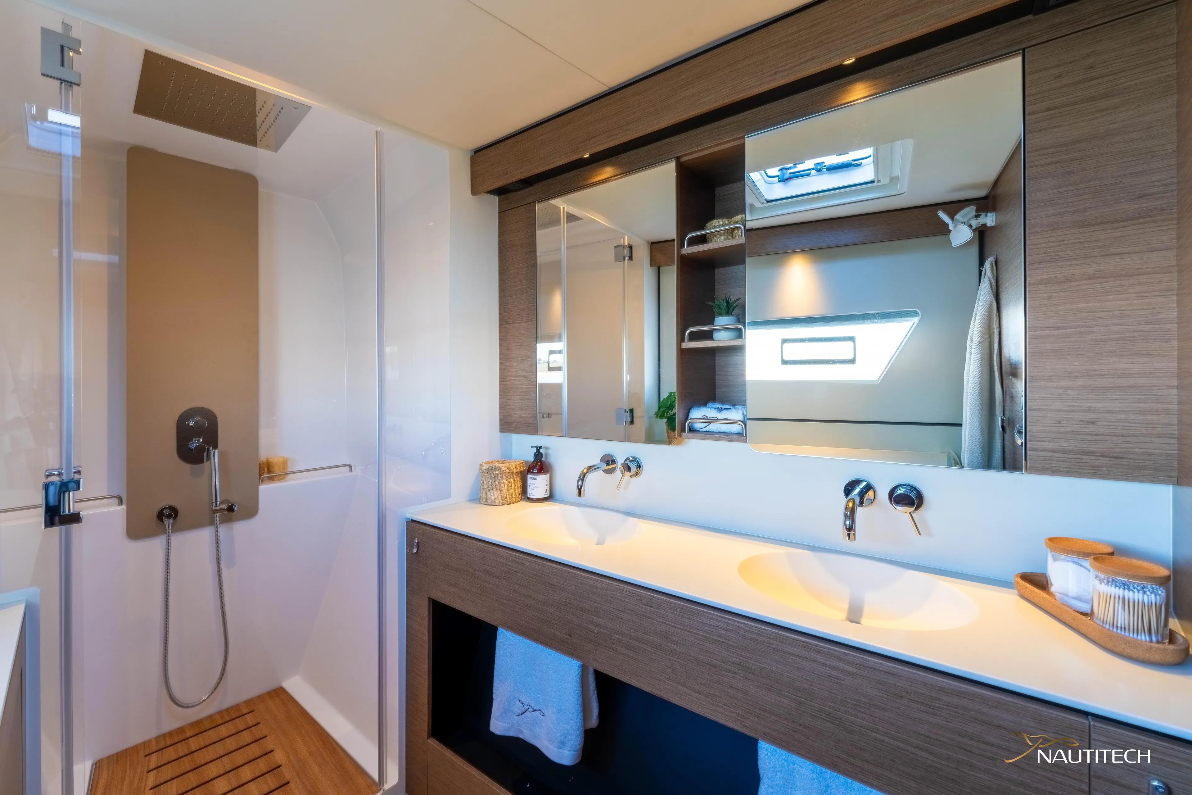 Nautitech 48 Open - Available For 2026 Delivery! Yacht Photos Pics Luxurious bathroom in Nautitech 48 Open (2025) yacht, featuring modern fixtures and elegant design.