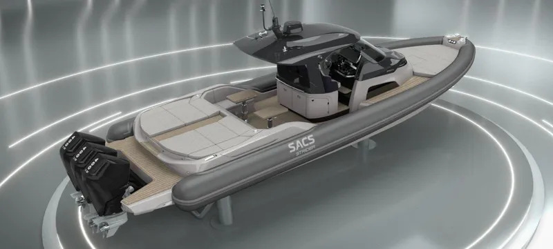  Yacht Photos Pics 2026 SACS Strider 13 luxury boat with sleek design and dual engines in a modern setting.