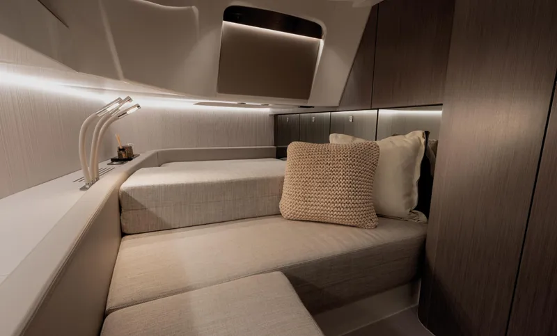  Yacht Photos Pics Luxurious interior of 2026 SACS NEW Strider 13 yacht with cozy seating and modern lighting.