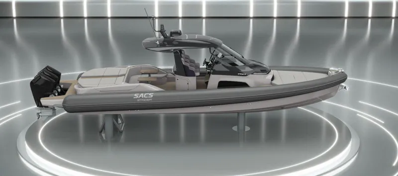  Yacht Photos Pics 2026 SACS Strider 13 luxury boat in sleek showroom setting.