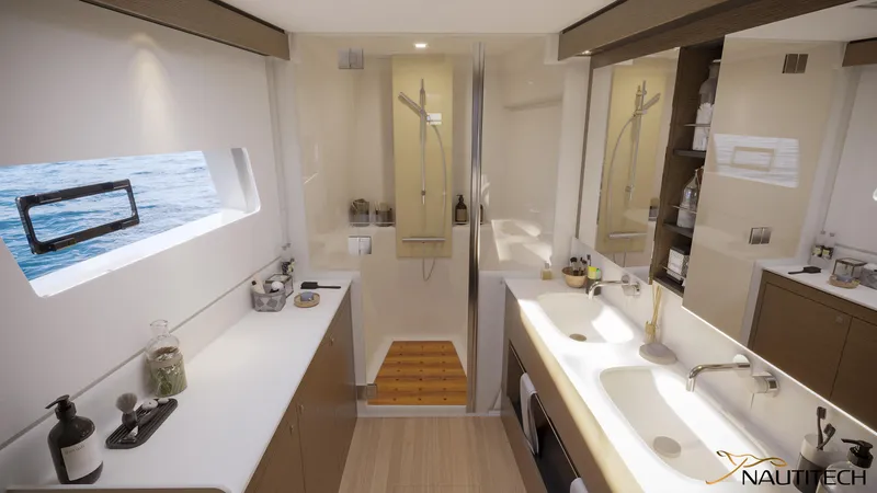 Nautitech 48 Open - Available For 2026 Delivery! Yacht Photos Pics Luxurious Nautitech 48 Open 2026 yacht bathroom with modern fixtures and ocean view.
