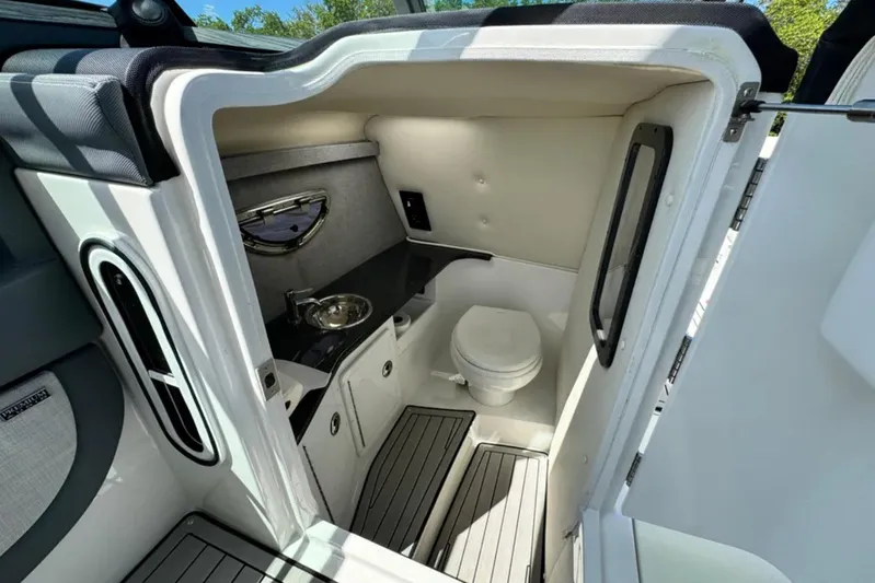  Yacht Photos Pics 2020 Cobalt R30 boat interior with compact bathroom, featuring a toilet and sink.