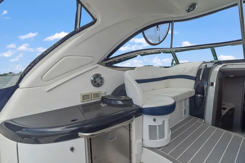  Yacht Photos Pics Interior of 2020 Formula 37 PC yacht with white and navy seating.