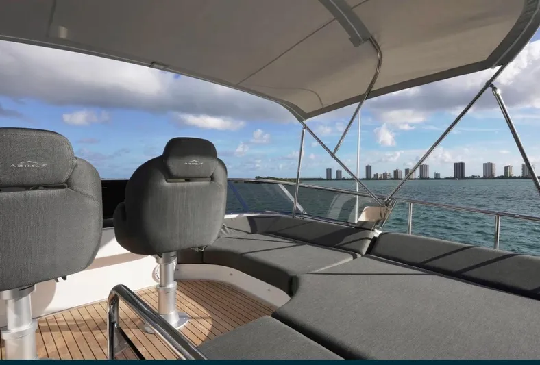  Yacht Photos Pics 2021 Azimut S6 Sports Fly yacht deck with seating, ocean view, and city skyline.