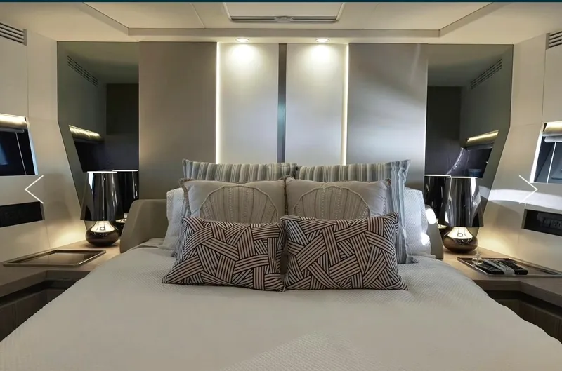  Yacht Photos Pics Luxurious bedroom interior of 2021 Azimut S6 Sports Fly yacht with modern design.