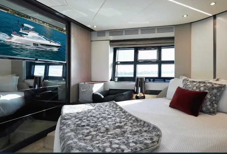  Yacht Photos Pics Luxurious bedroom interior of 2021 Azimut S6 Sports Fly yacht with modern decor.