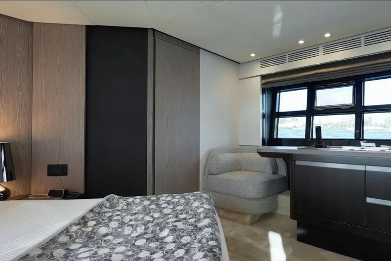  Yacht Photos Pics Luxurious interior of 2021 Azimut S6 Sports Fly yacht bedroom with modern design.