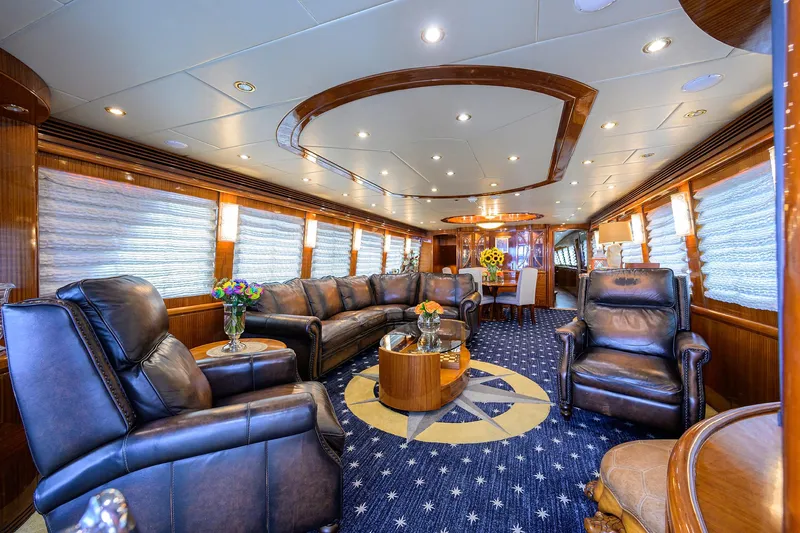 Miss Dunia Yacht Photos Pics Luxurious interior of 2008 Hargrave Raised Pilothouse yacht with leather seating and elegant decor.