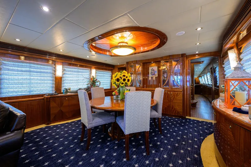 Miss Dunia Yacht Photos Pics Luxurious 2008 Hargrave Raised Pilothouse yacht interior with elegant dining area and stylish decor.