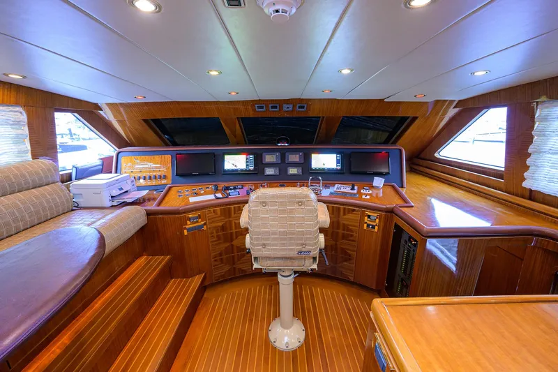 Miss Dunia Yacht Photos Pics 2008 Hargrave Raised Pilothouse yacht interior with navigation controls and seating.