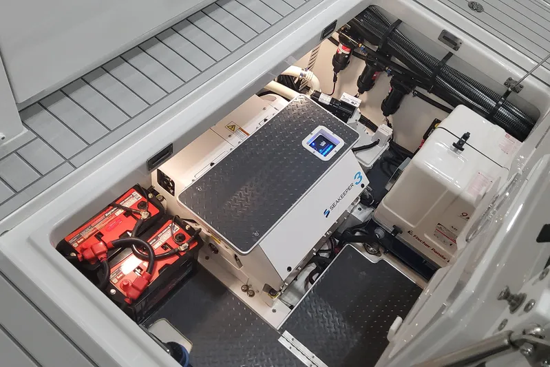  Yacht Photos Pics 2024 Formula 387 Center Console Fish engine compartment with Seakeeper 3 and batteries.