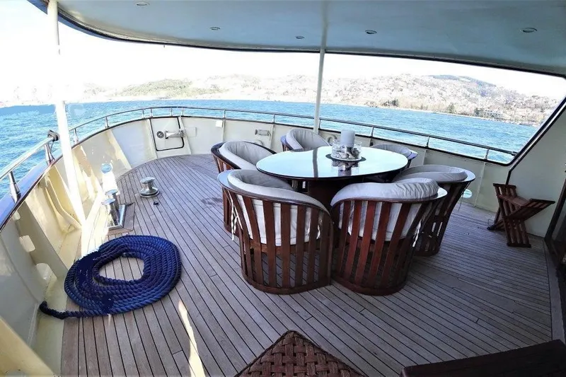  Yacht Photos Pics Luxurious deck of 2005 Explorer Trawler 34m yacht with seating and ocean view.