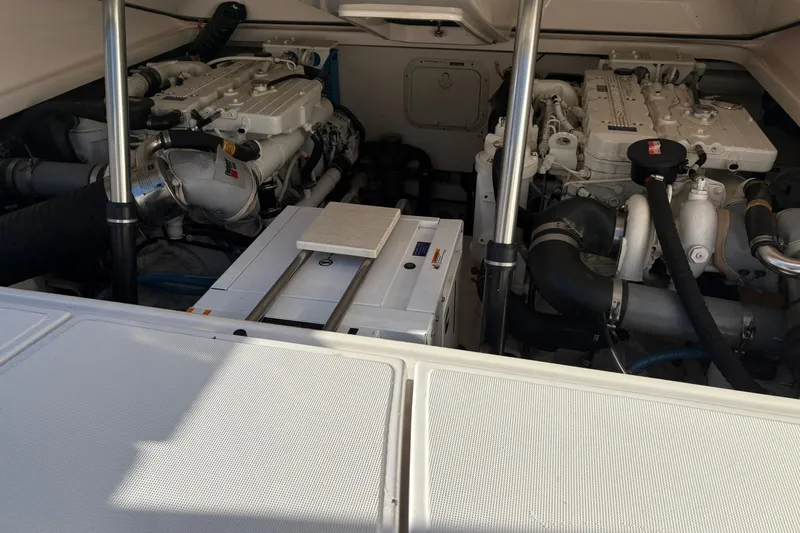  Yacht Photos Pics Engine compartment of a 2008 Tiara Yachts 3000 Open, showcasing dual engines.