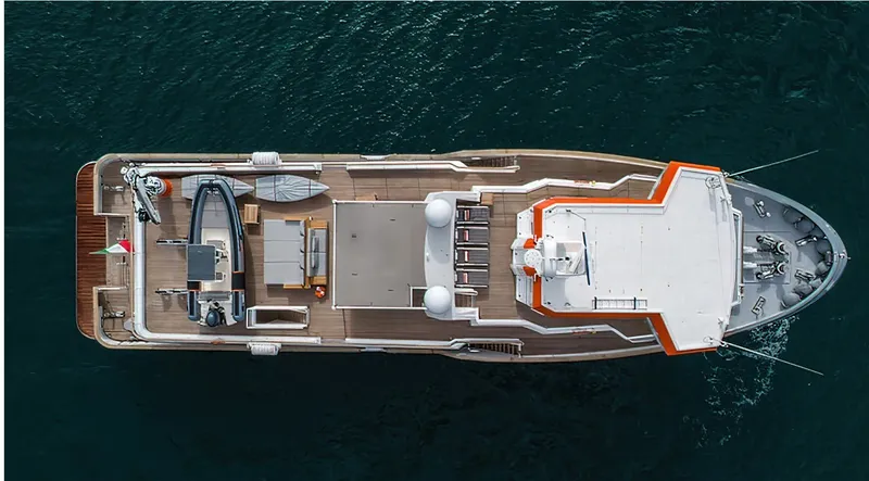 Explorer 130 Yacht Photos Pics Aerial view of 2027 Ocean King Explorer 130 yacht on open water.