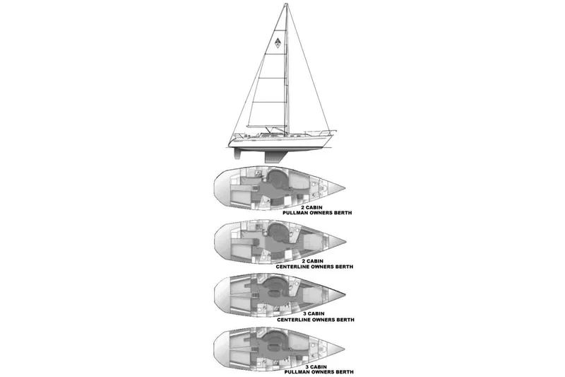 Shumka Yacht Photos Pics Diagram of 2005 Catalina 42 MkII sailboat with various cabin layouts.