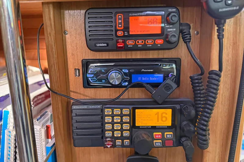 Shumka Yacht Photos Pics Control panel with communication devices on a 2005 Catalina 42 MkII sailboat.