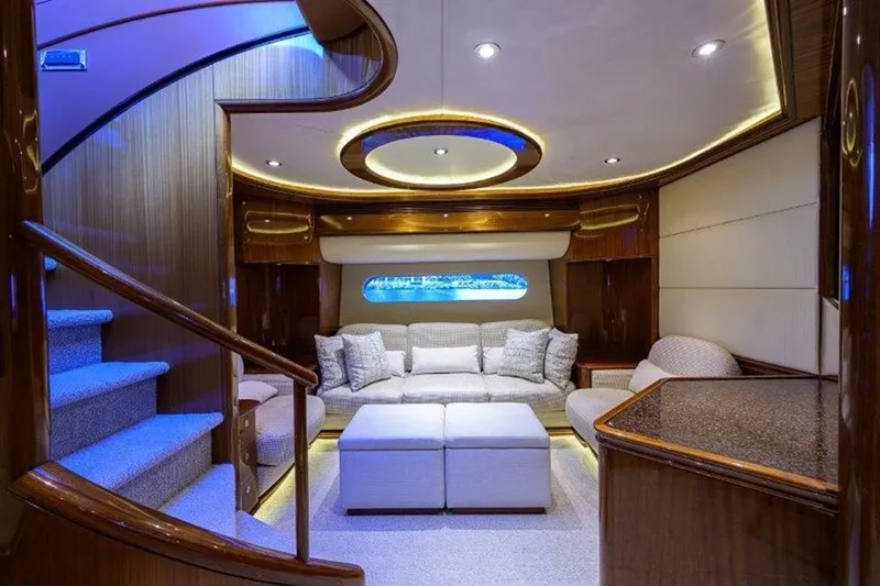 Virginia Sea Yacht Photos Pics Luxurious interior of 2005 McMullen & Wing Custom Express Sport Cruiser with elegant seating and ambient lighting.