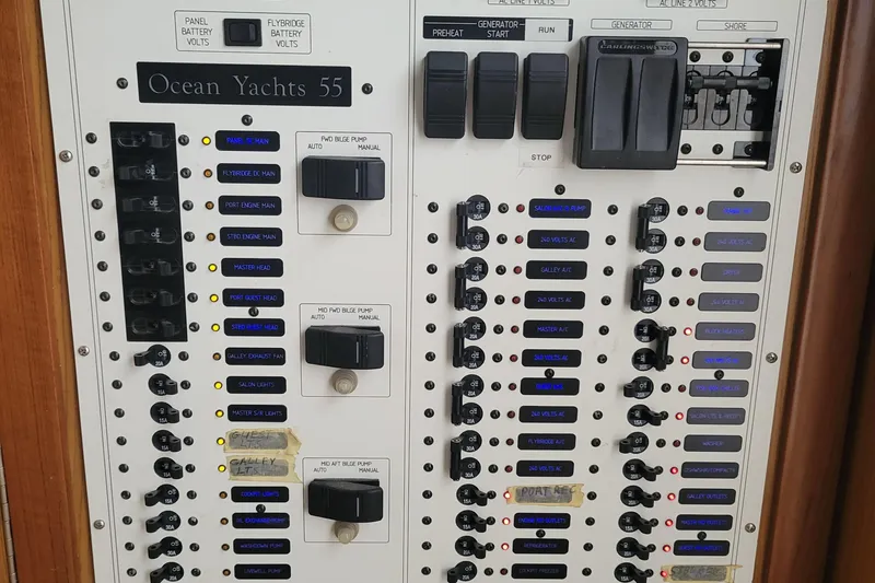  Yacht Photos Pics Electrical control panel of a 1986 Ocean Yachts 55 Super Sport boat.