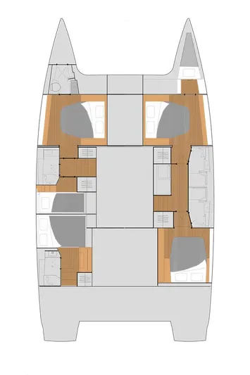 Knotty Cat Yacht Photos Pics 2024 Fountaine Pajot Tanna catamaran layout with cabins and living spaces.