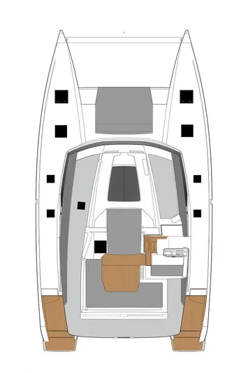 Knotty Cat Yacht Photos Pics 2024 Fountaine Pajot Tanna catamaran floor plan, top view, showcasing spacious deck layout.