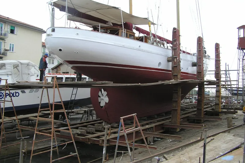 Barinia Yacht Photos Pics 1950 MOLLICH Sailing yacht in dry dock for maintenance and repairs.