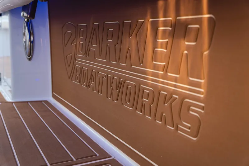  Yacht Photos Pics Barker Boatworks 40HPC 2026 logo embossed on boat interior panel.