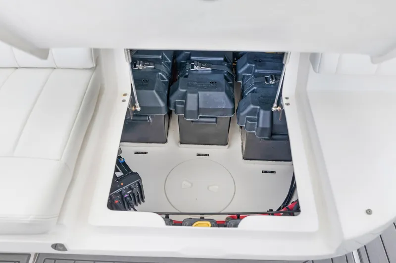  Yacht Photos Pics 2016 Intrepid 400 Cuddy battery compartment with three batteries.