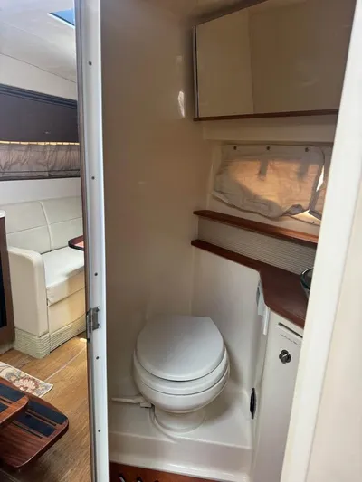  Yacht Photos Pics 2017 Sea Ray Sundancer 350 Coupe bathroom interior with toilet and wooden accents.
