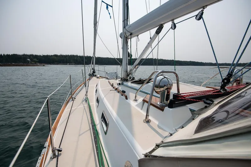 Jericho Yacht Photos Pics Sailing yacht Tartan 4100, 2002 model, cruising on calm waters near a forested shoreline.