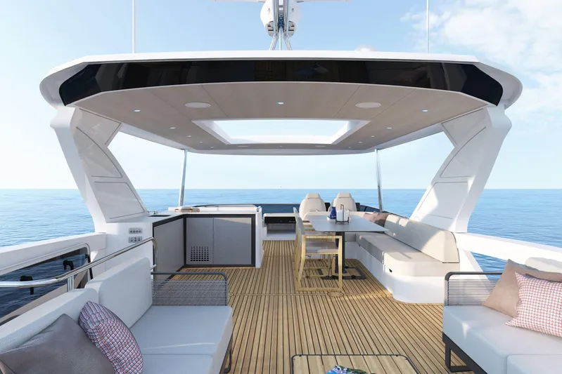 Absolute Navetta 58 Yacht Photos Pics Luxurious 2026 Absolute NAVETTA 58 yacht deck with modern seating and ocean view.