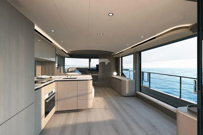 Absolute Navetta 58 Yacht Photos Pics Luxurious interior of 2026 Absolute NAVETTA 58 yacht with ocean view and modern design.