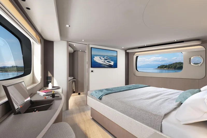 Absolute Navetta 58 Yacht Photos Pics Luxurious bedroom interior of 2026 Absolute NAVETTA 58 yacht with scenic ocean views.