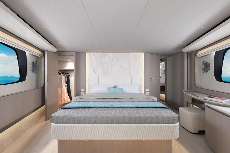 Absolute Navetta 58 Yacht Photos Pics Luxurious bedroom interior of 2026 Absolute NAVETTA 58 yacht with ocean view windows.