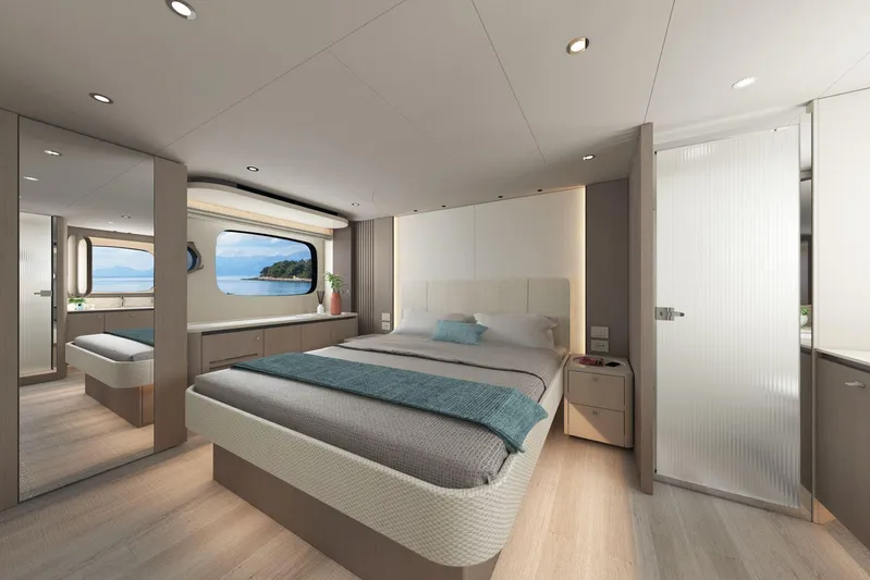 Absolute Navetta 58 Yacht Photos Pics Luxurious bedroom interior of Absolute NAVETTA 58 yacht, 2026 model, with ocean view.