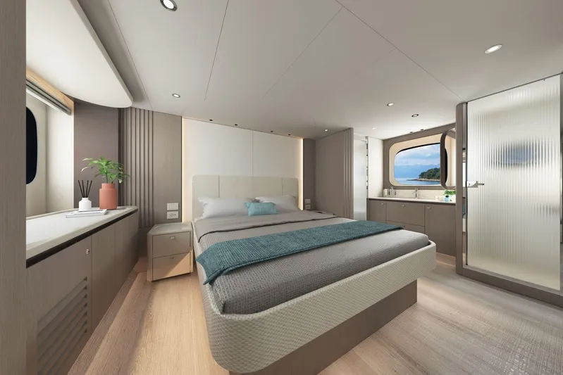 Absolute Navetta 58 Yacht Photos Pics Luxurious bedroom interior of 2026 Absolute NAVETTA 58 yacht with ocean view.
