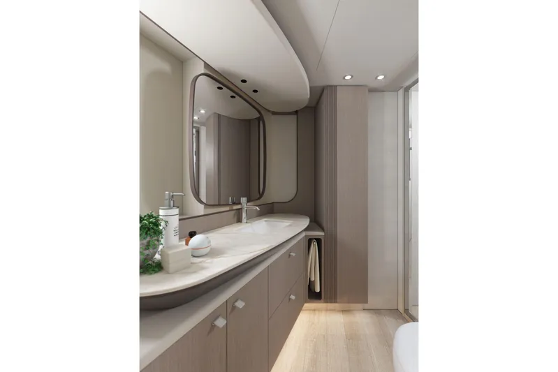 Absolute Navetta 58 Yacht Photos Pics Luxurious bathroom interior of 2026 Absolute NAVETTA 58 yacht, featuring modern design and elegant fixtures.