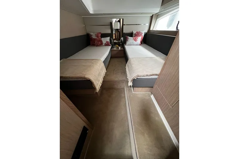 Sealine F430 Yacht Photos Pics 2020 Sealine F430 yacht interior with twin beds and elegant decor.