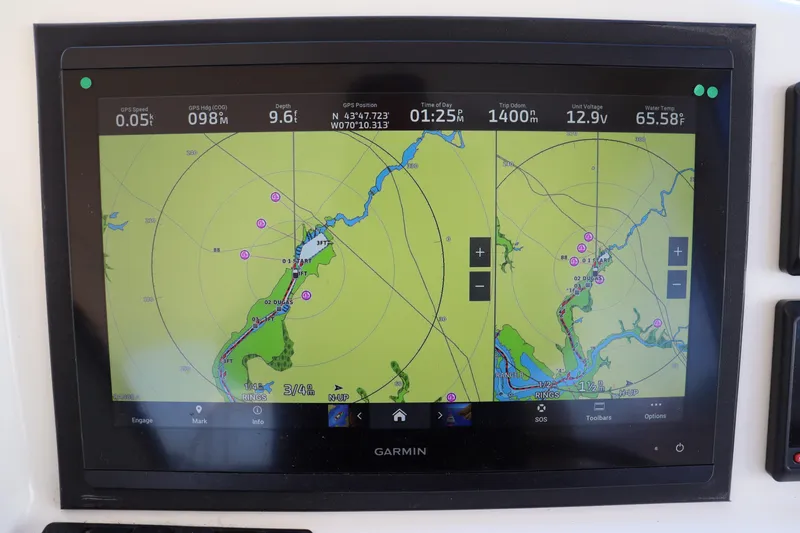 Rambler VIII Yacht Photos Pics Garmin navigation display on 2013 MJM 36z Downeast boat, showing nautical charts.