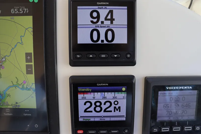 Rambler VIII Yacht Photos Pics Garmin and Volvo Penta displays on 2013 MJM 36z Downeast boat dashboard.